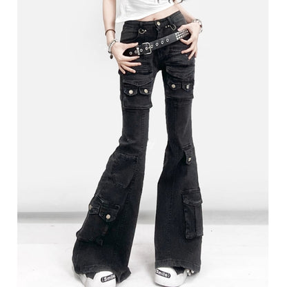 Multi-pocket flare denim pants E7048