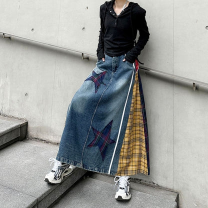 Check & Denim long skirt D0123
