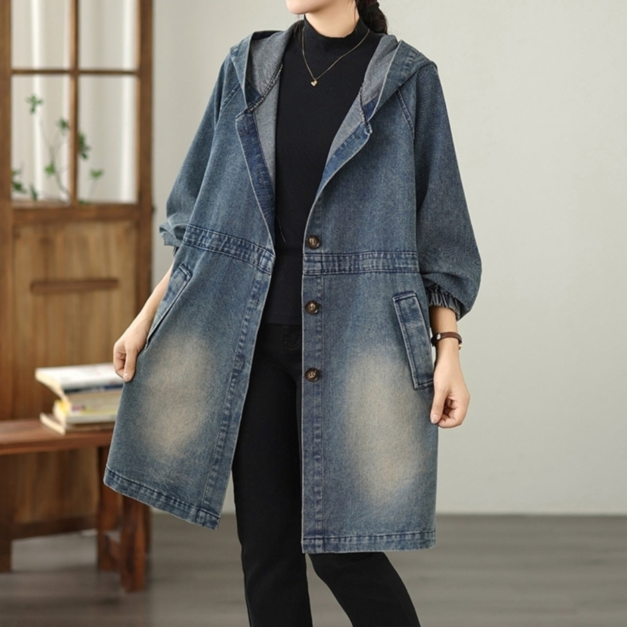 Hooded denim coat D0075
