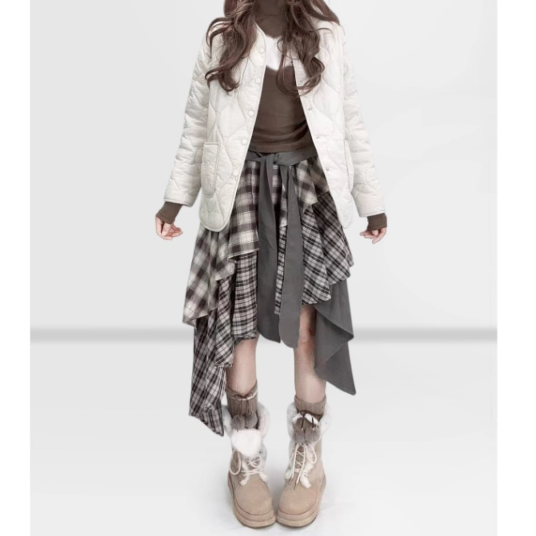 Irregular hem check skirt E7010