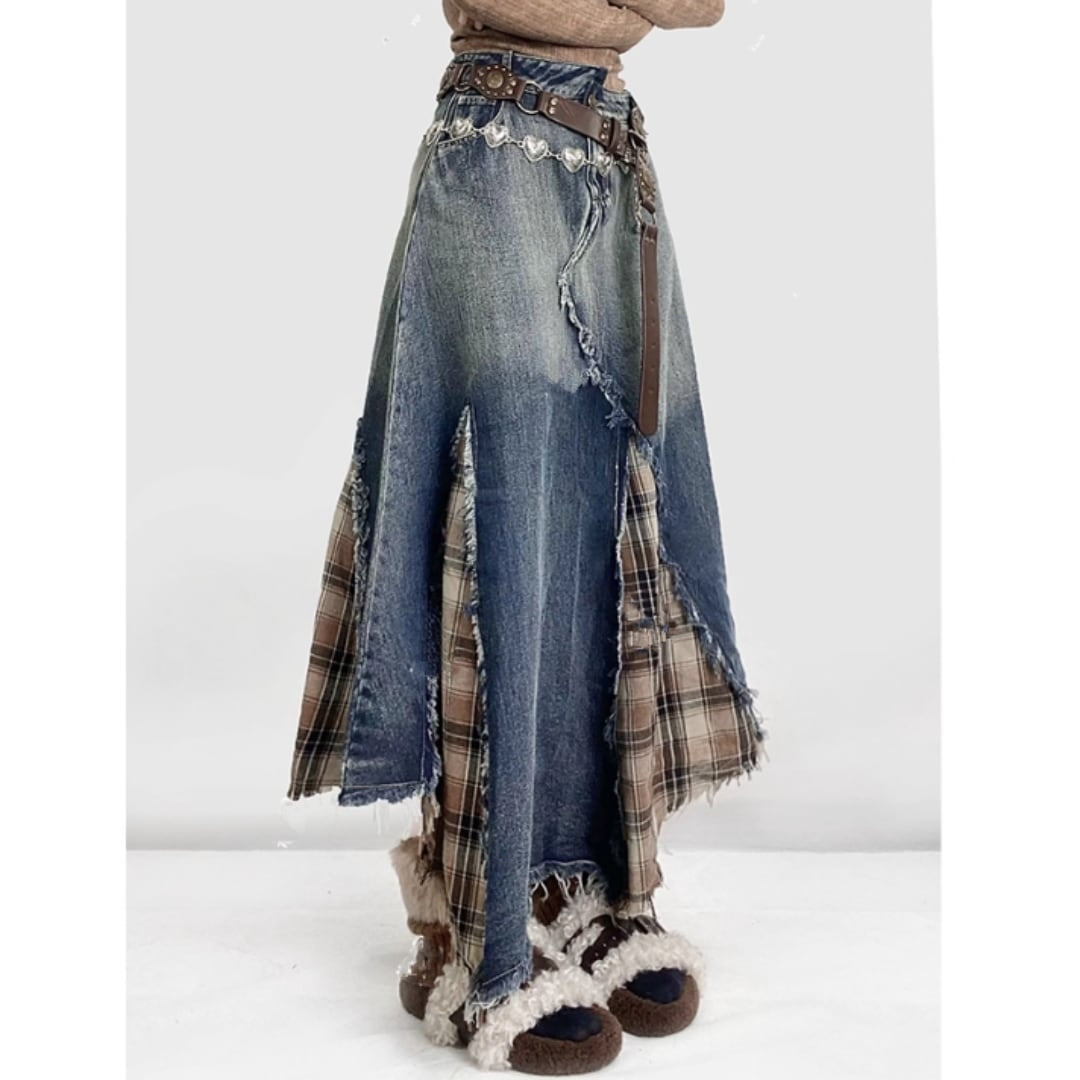 Denim & check long skirt E7024