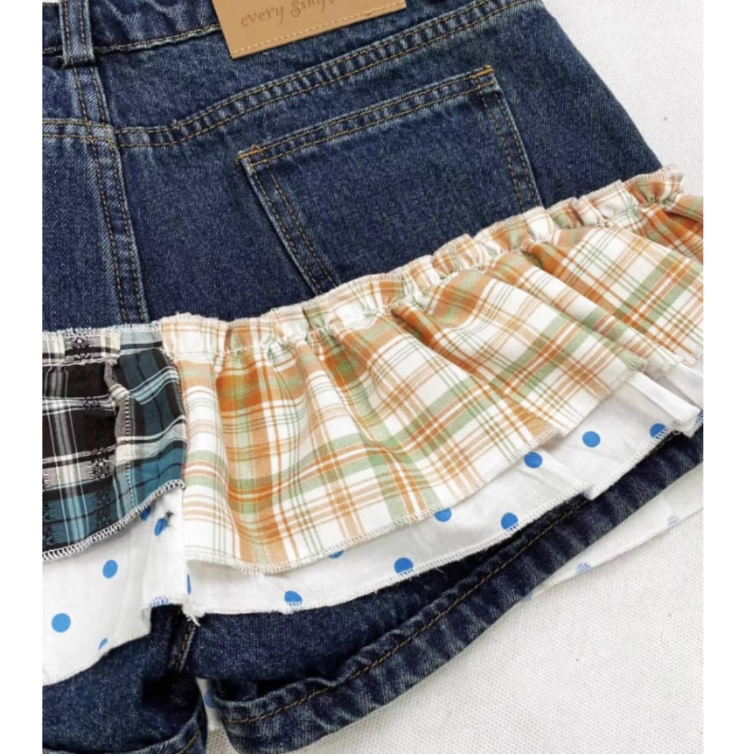 Denim shorts & checked skirt E7028