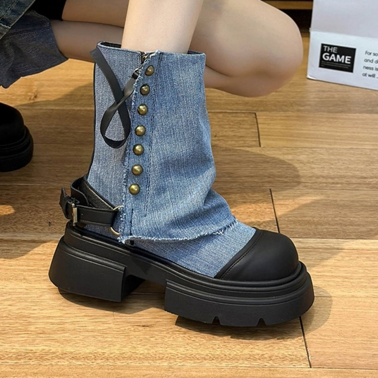 Denim middle boots D0143