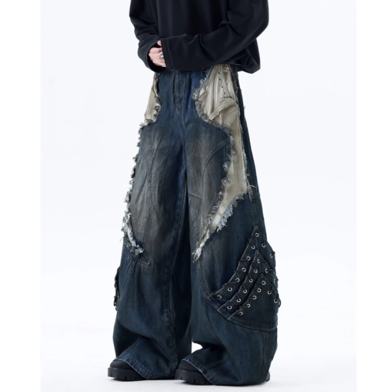 Patchwork wide denim jeans D0150