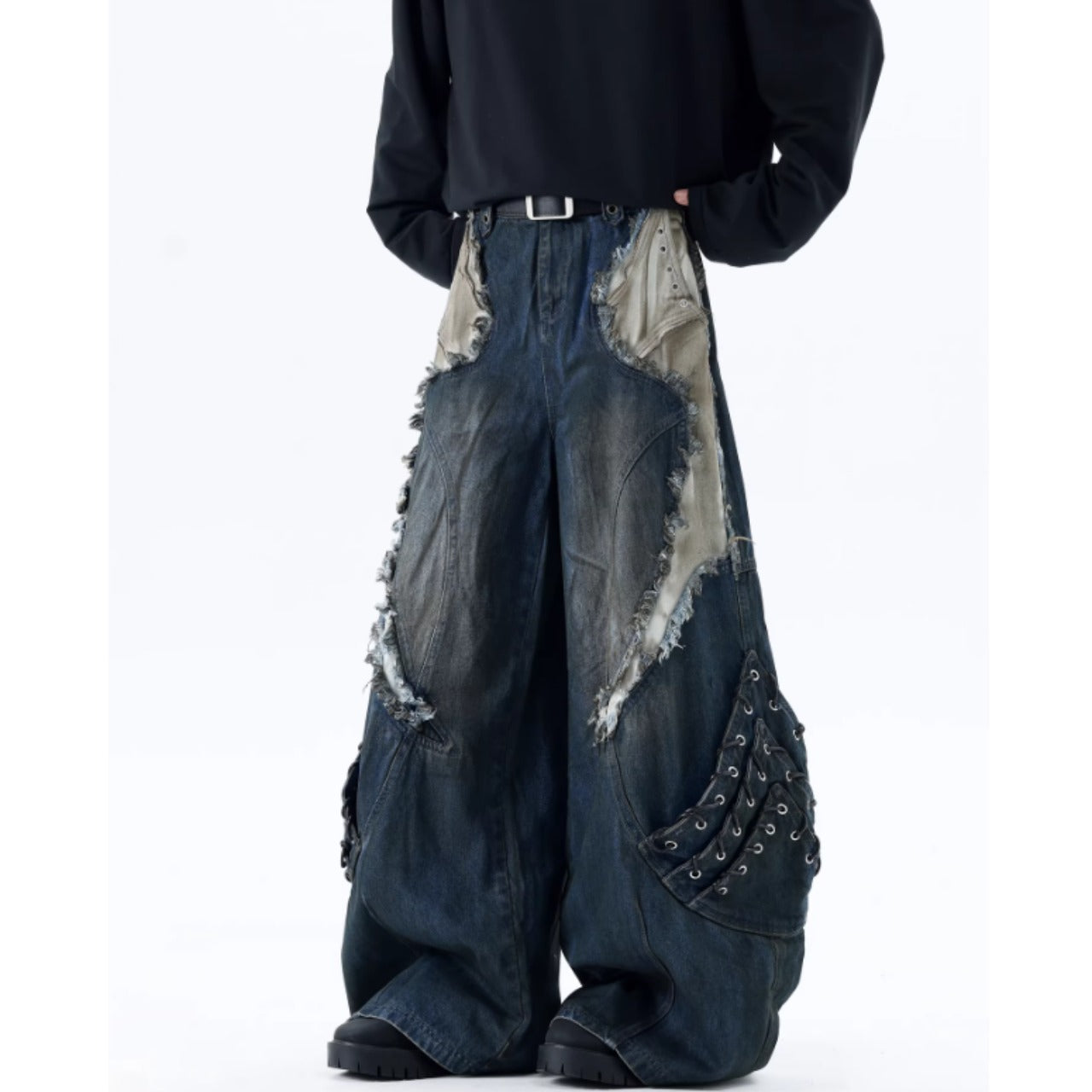 Patchwork wide denim jeans D0150