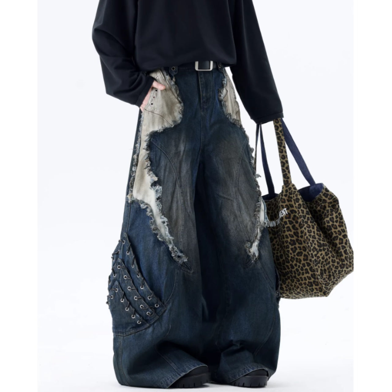Patchwork wide denim jeans D0150
