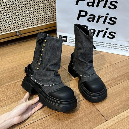 Denim middle boots D0143