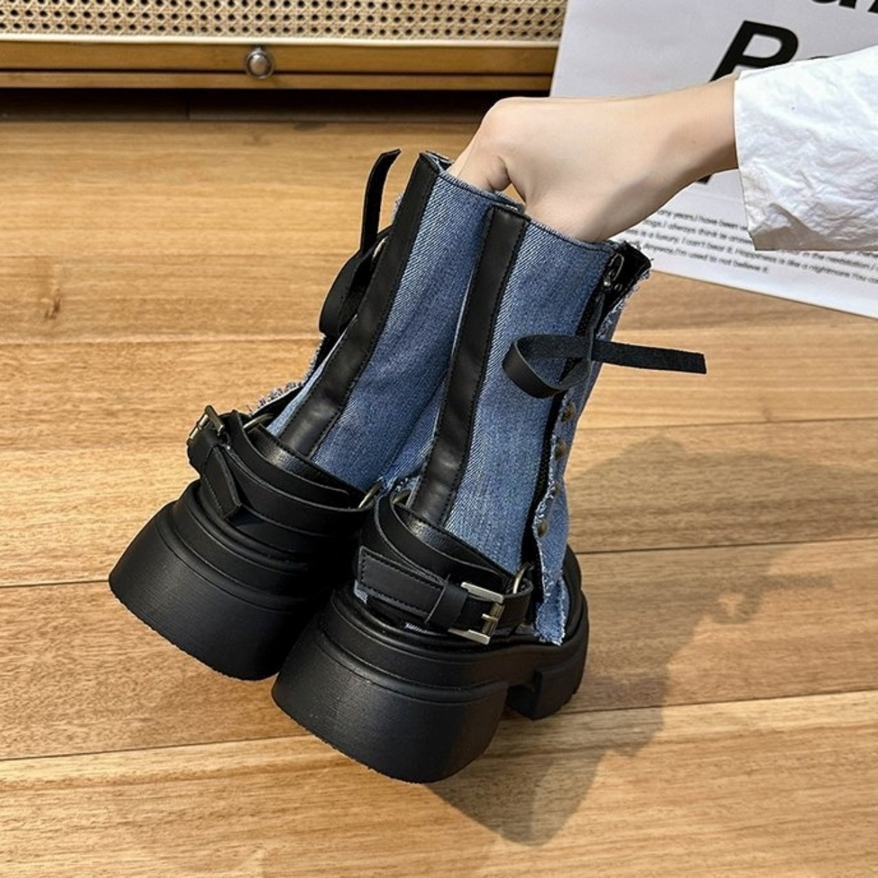 Denim middle boots D0143