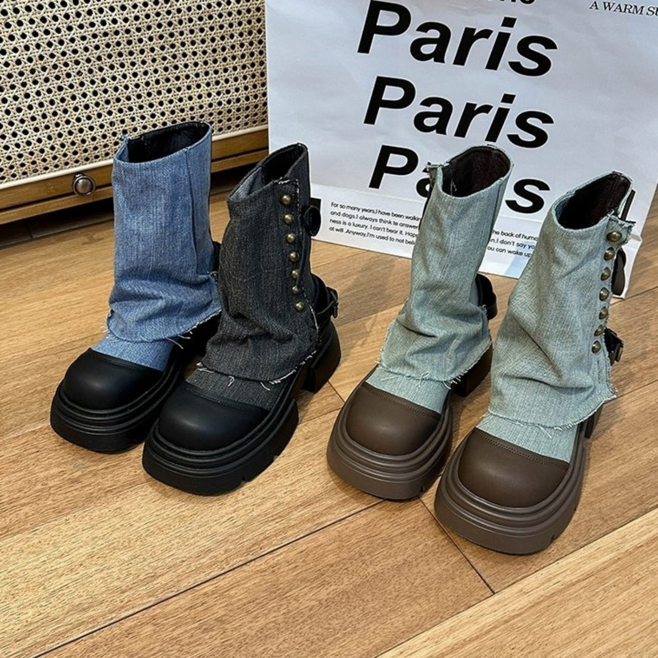 Denim middle boots D0143
