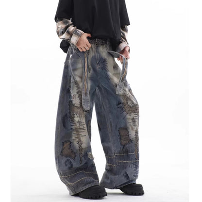 Random stitch wide denim jeans D0147