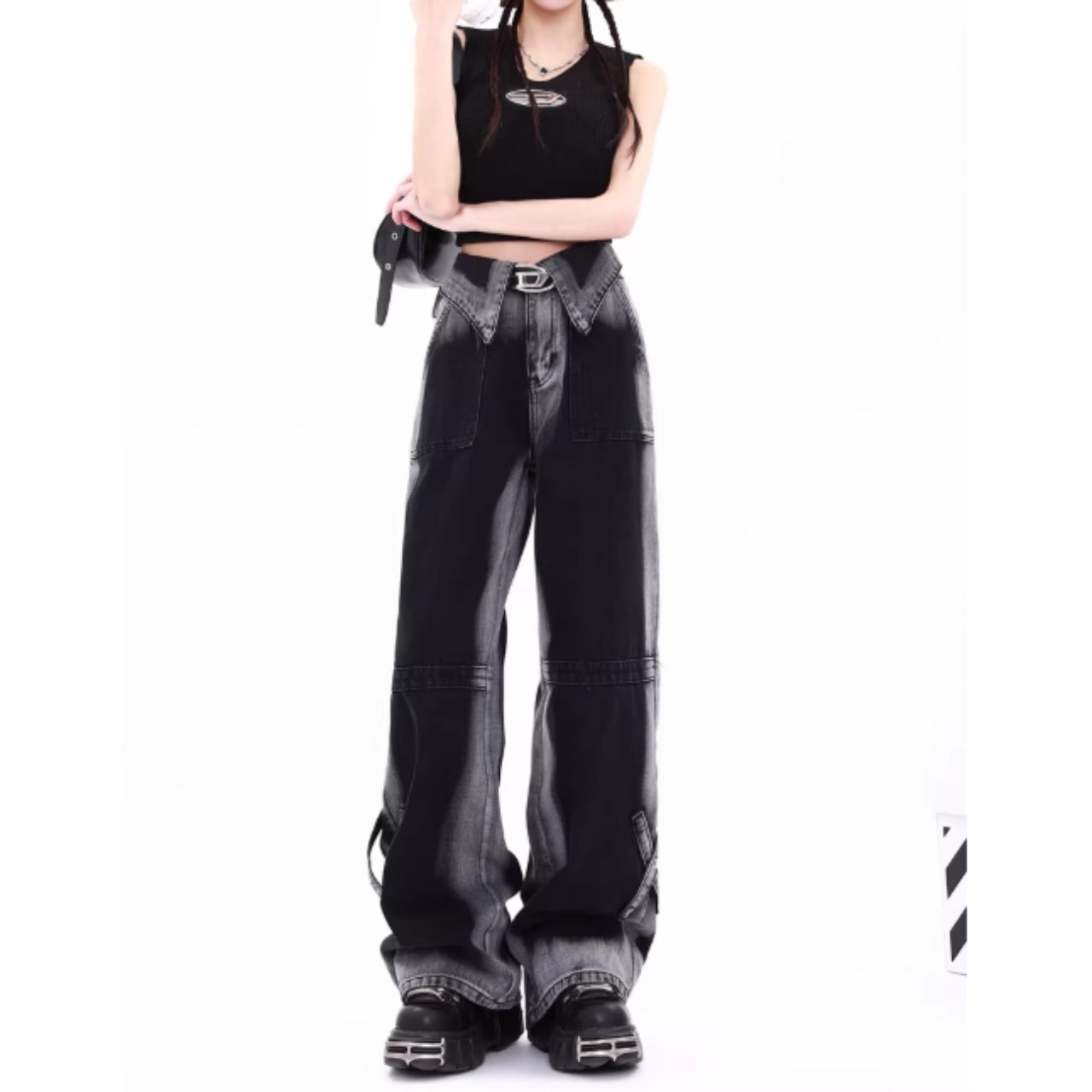 High waist wide denim jeans D0149