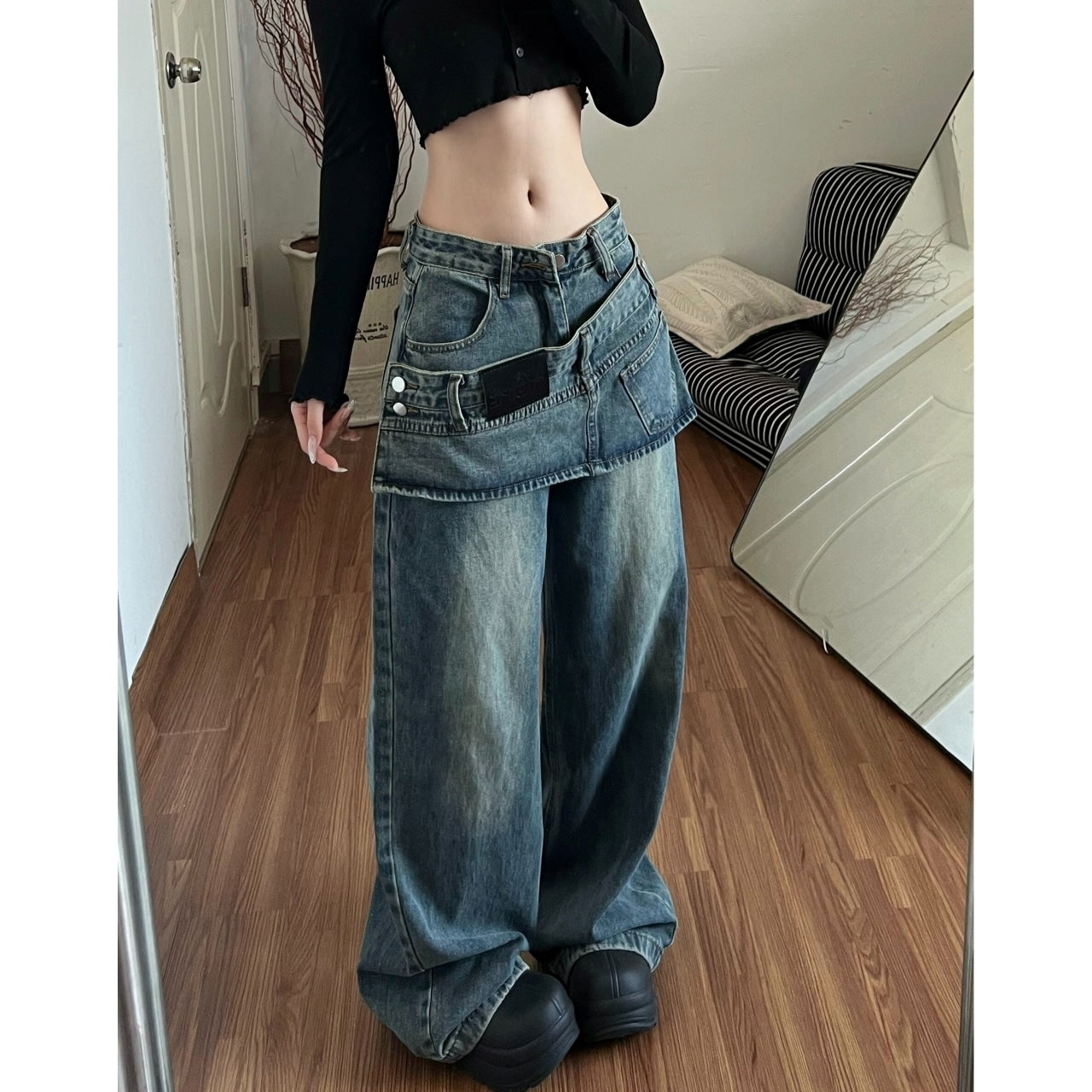 Fake layered denim jeans D0153