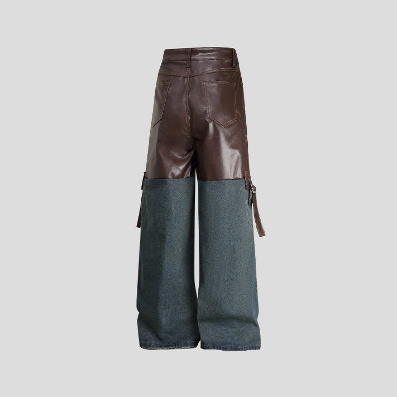 Leather & denim wide pants D0146