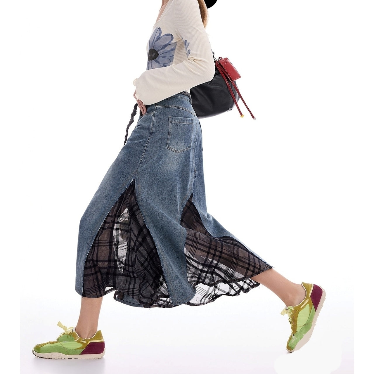 Denim & mesh long skirt D0155