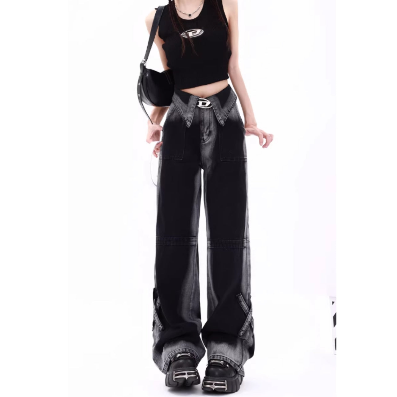 High waist wide denim jeans D0149
