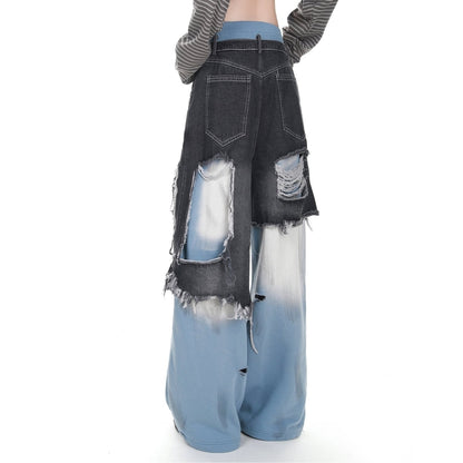 Layered style denim pants D0145
