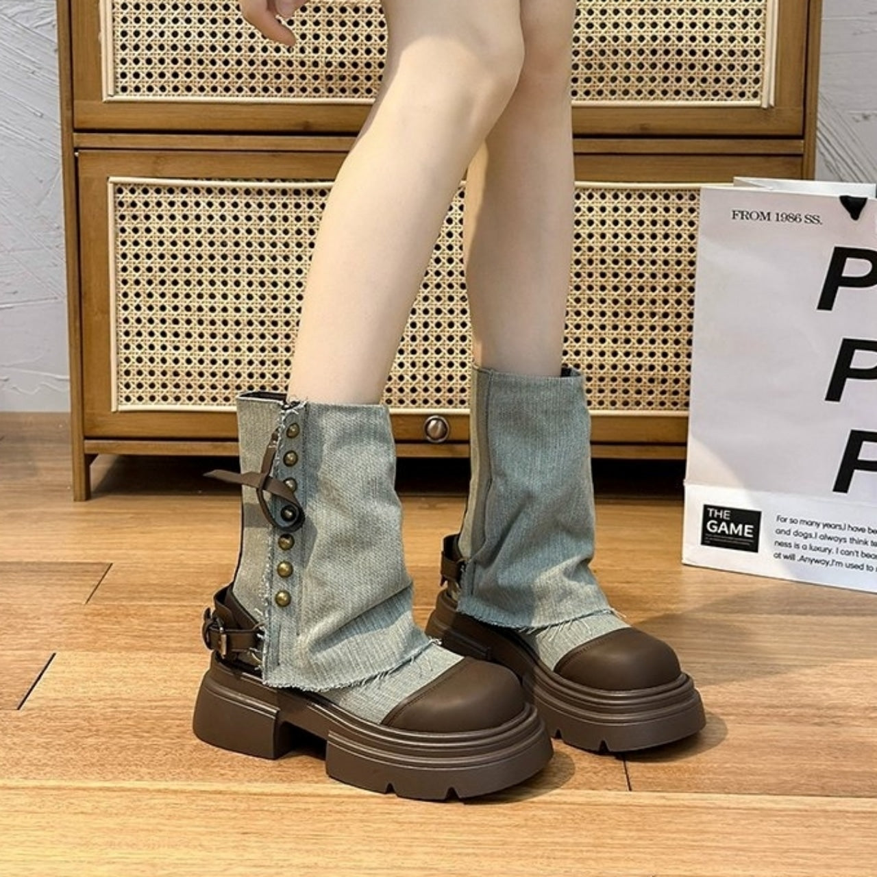 Denim middle boots D0143