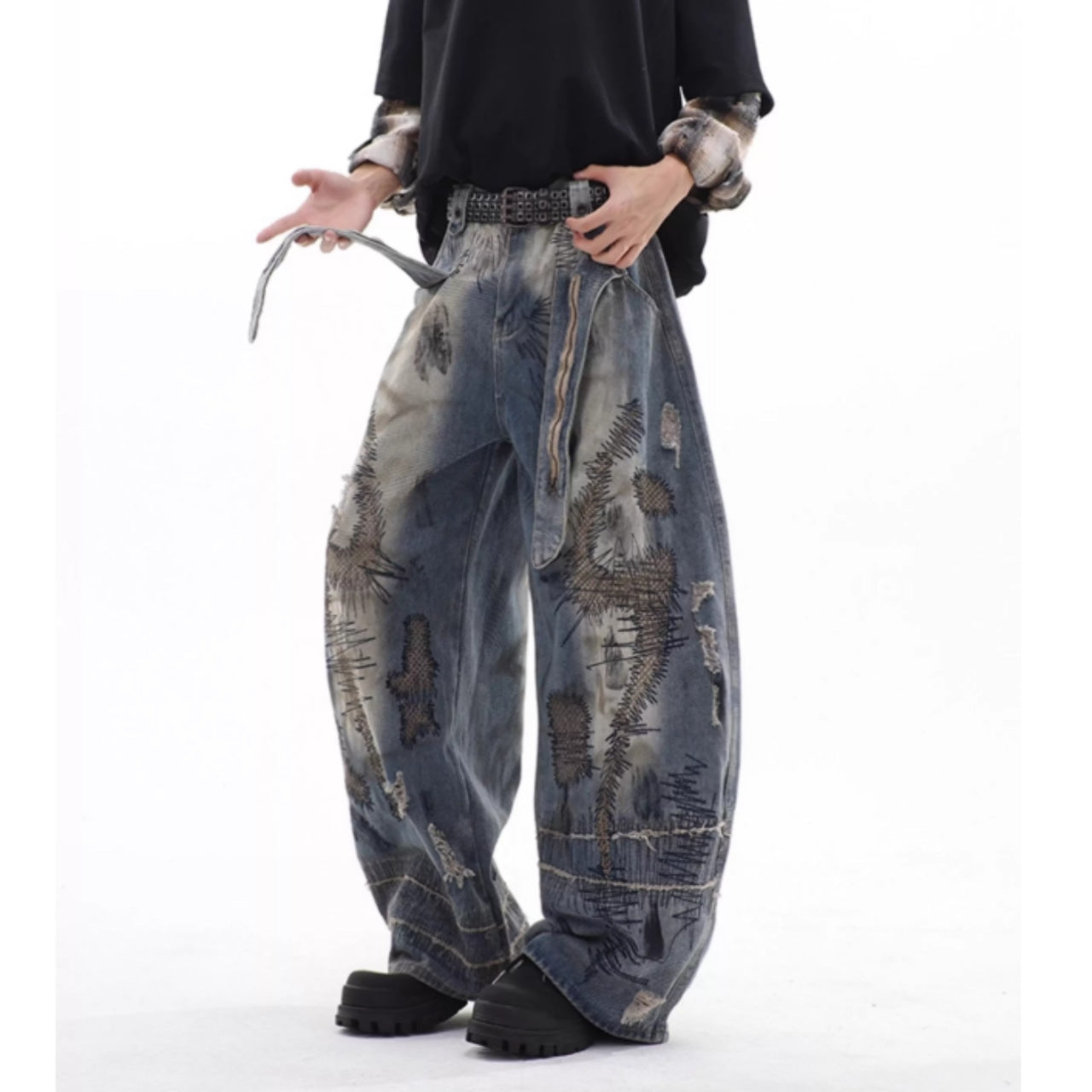 Random stitch wide denim jeans D0147