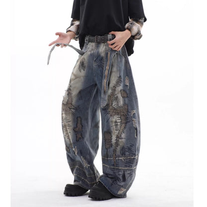 Random stitch wide denim jeans D0147