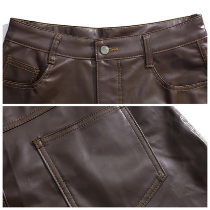 Leather & denim wide pants D0146