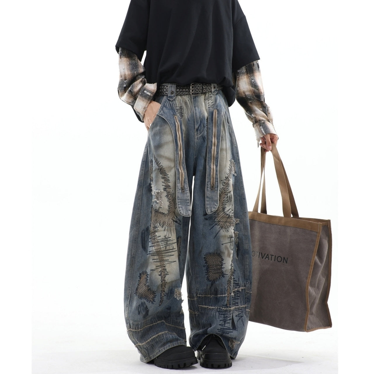 Random stitch wide denim jeans D0147