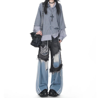 Layered style denim pants D0145