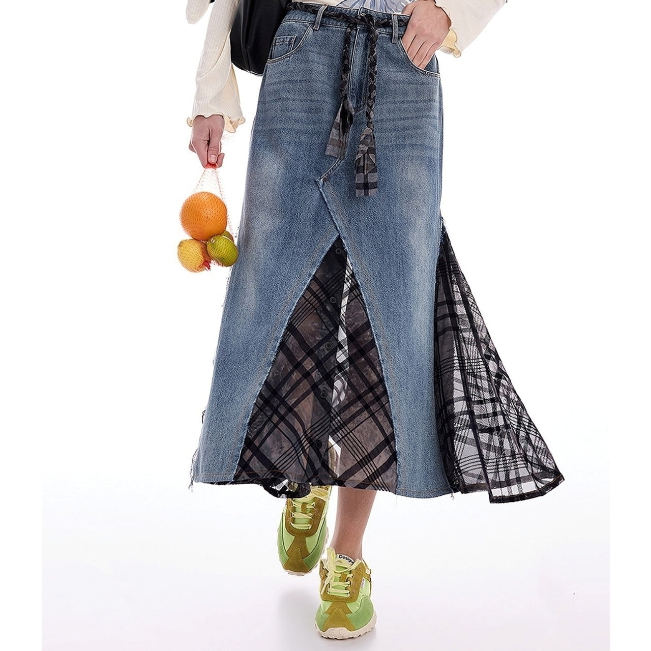 Denim & mesh long skirt D0155