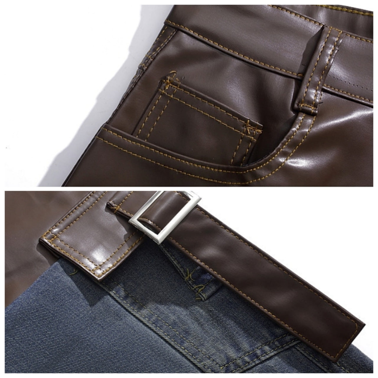 Leather & denim wide pants D0146