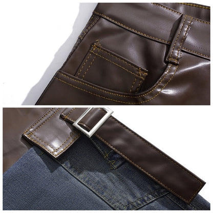 Leather & denim wide pants D0146