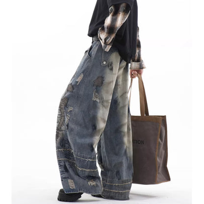 Random stitch wide denim jeans D0147