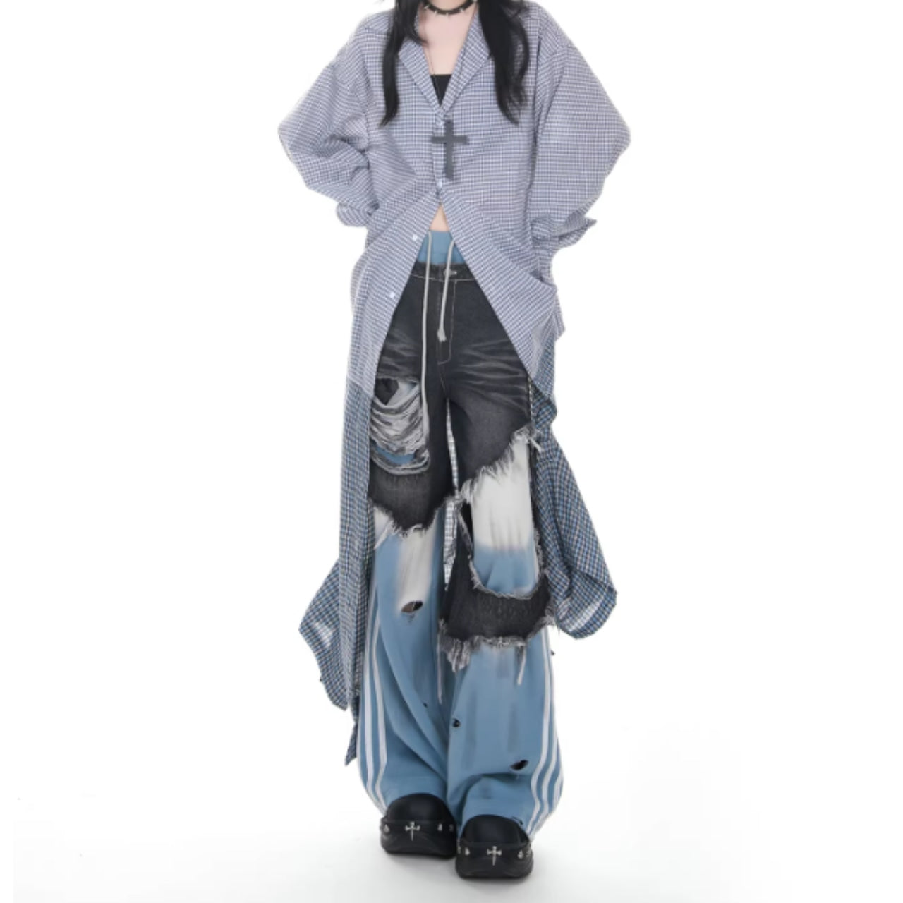 Layered style denim pants D0145