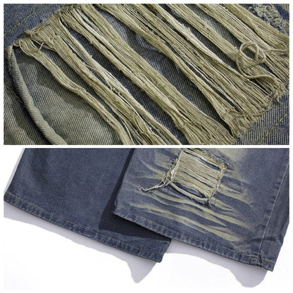Leather & denim wide pants D0146
