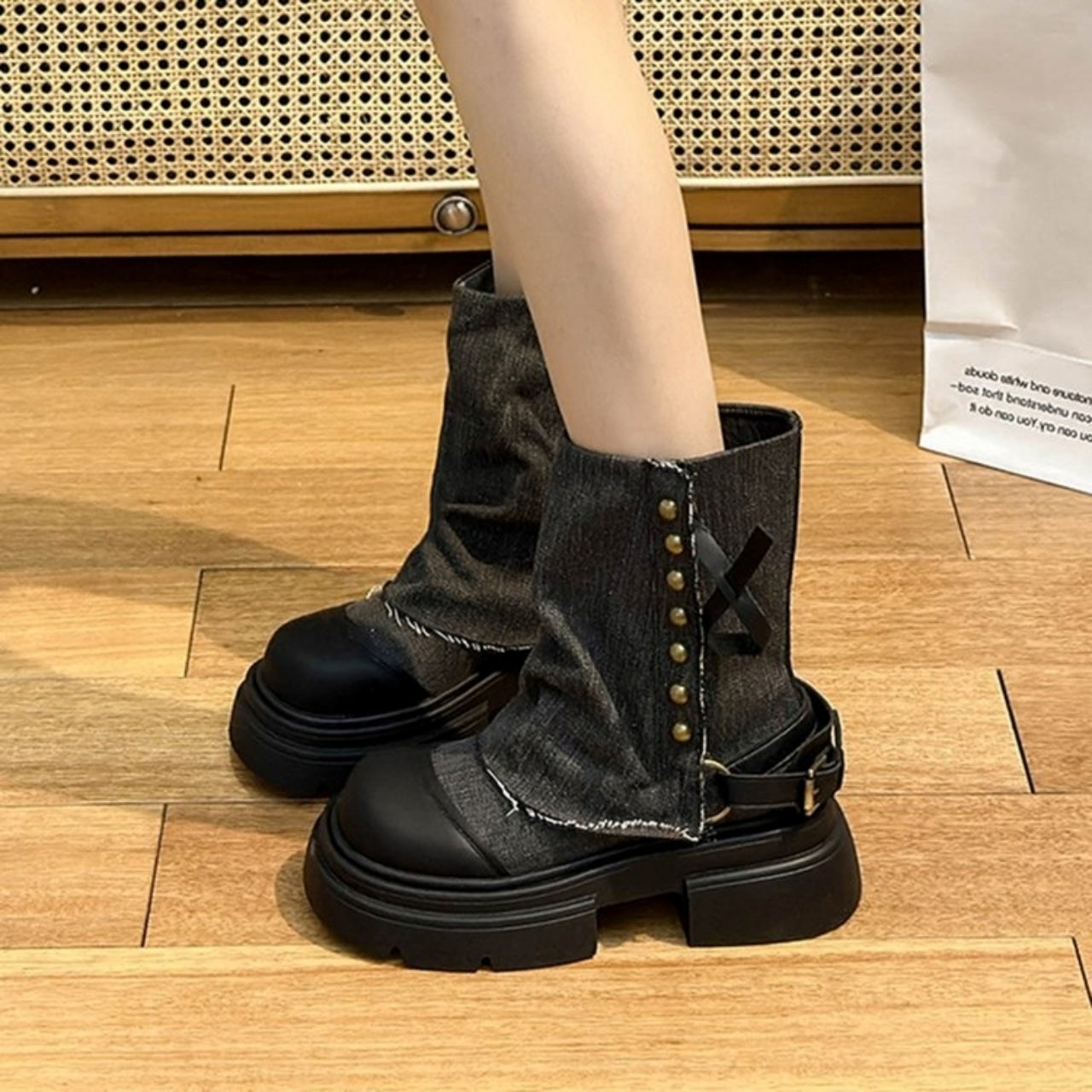 Denim middle boots D0143