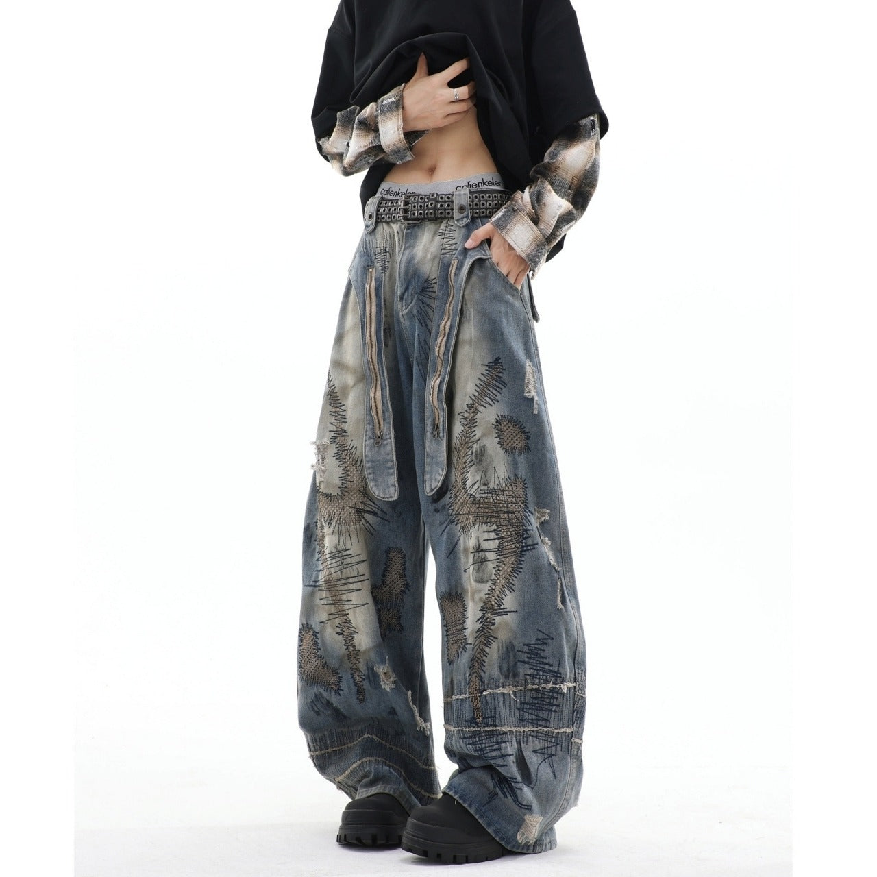 Random stitch wide denim jeans D0147