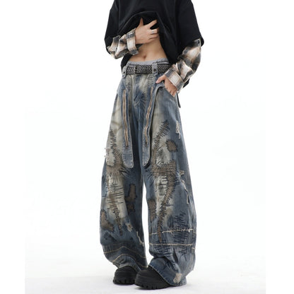 Random stitch wide denim jeans D0147