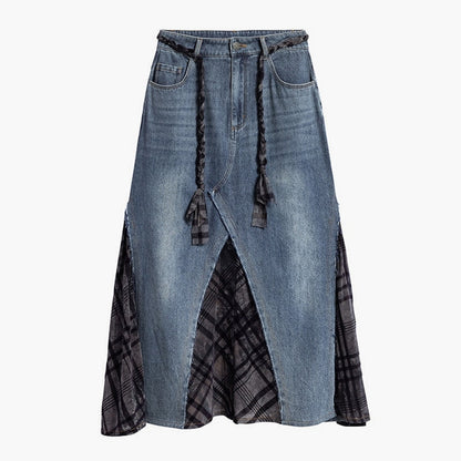 Denim & mesh long skirt D0155