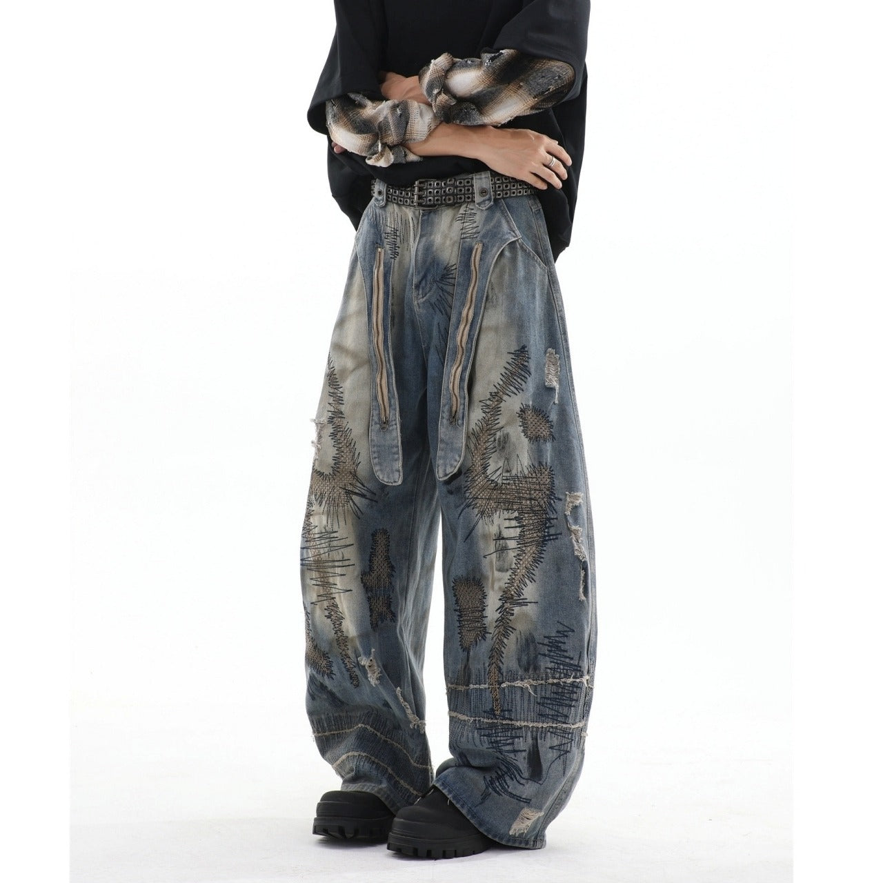 Random stitch wide denim jeans D0147