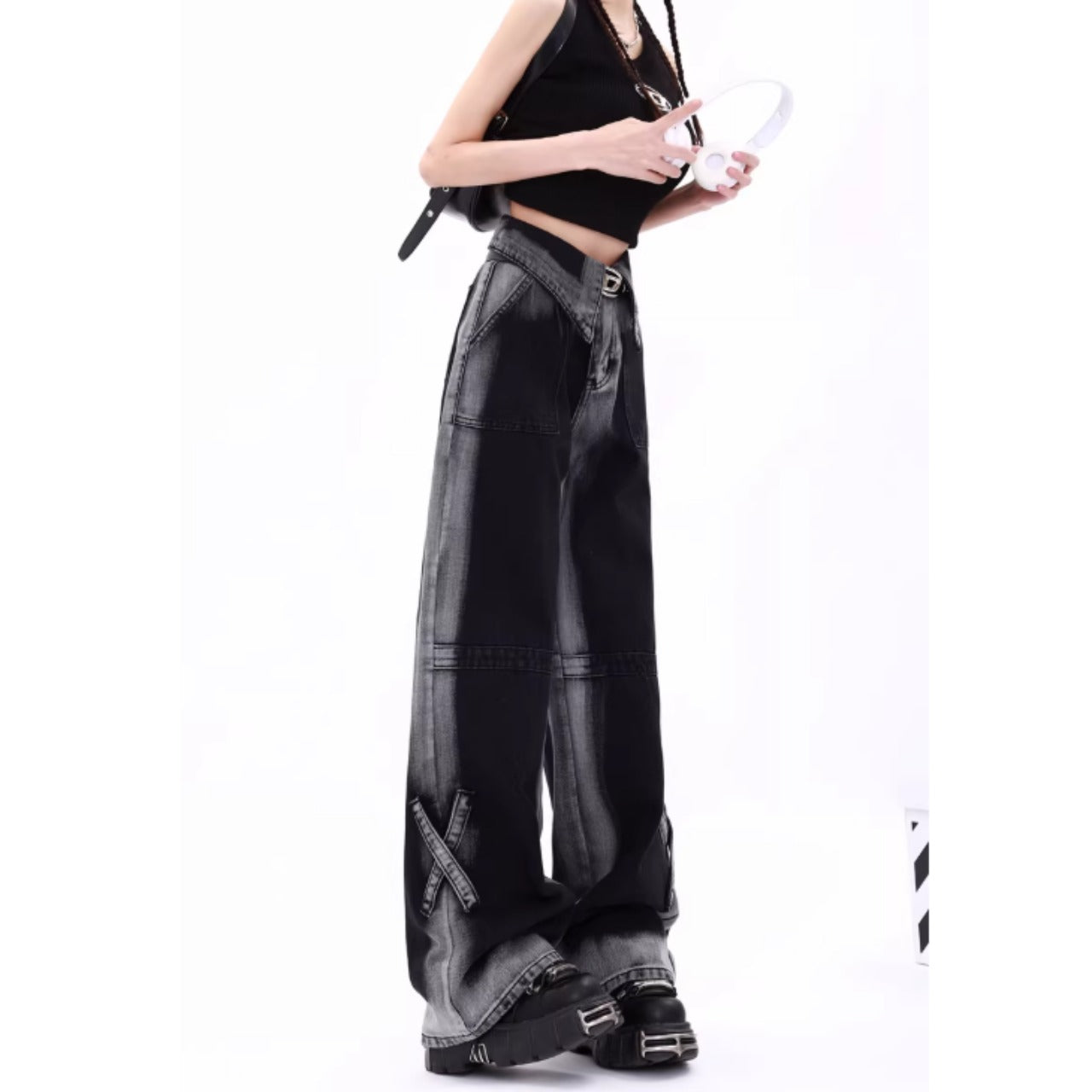 High waist wide denim jeans D0149