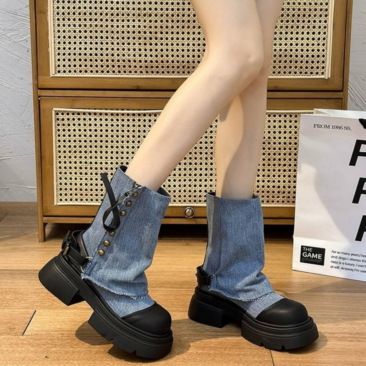Denim middle boots D0143