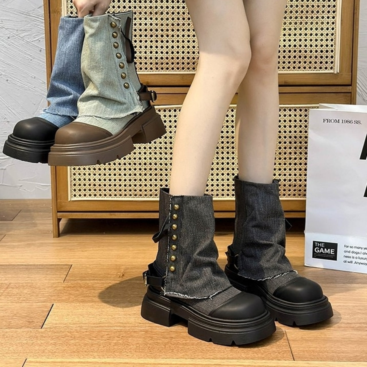 Denim middle boots D0143