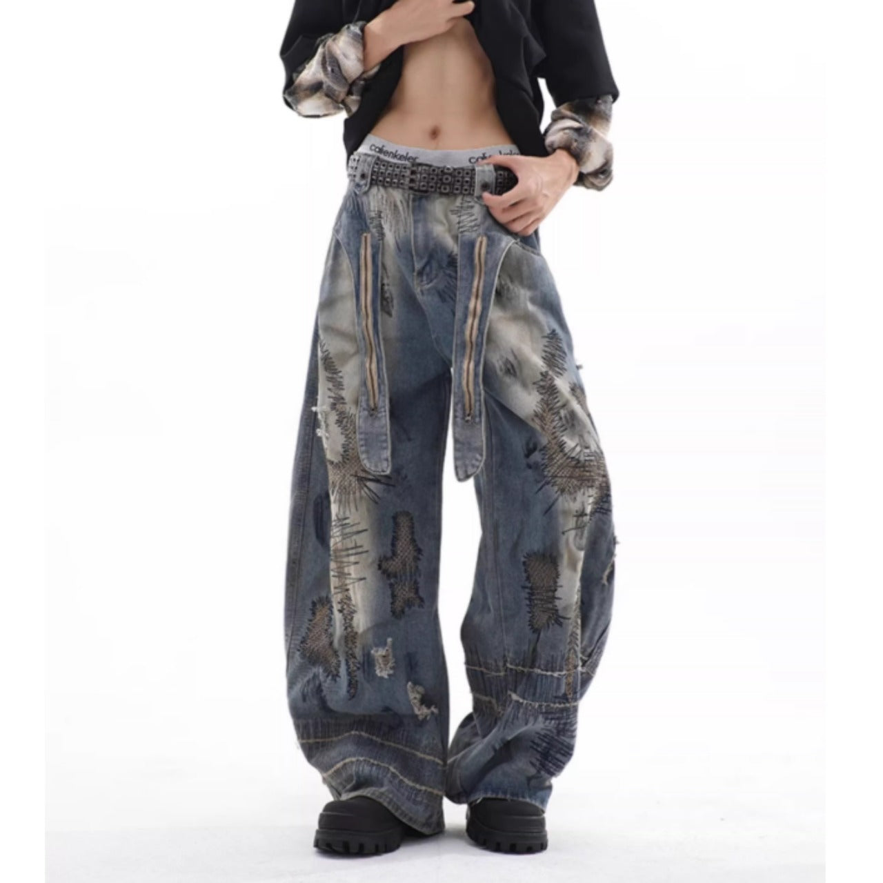 Random stitch wide denim jeans D0147