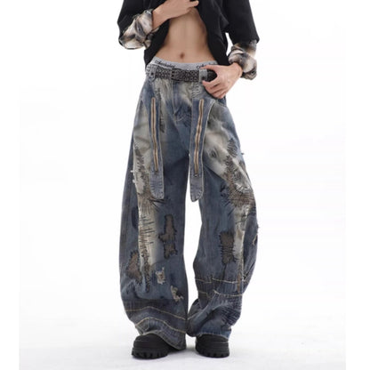 Random stitch wide denim jeans D0147