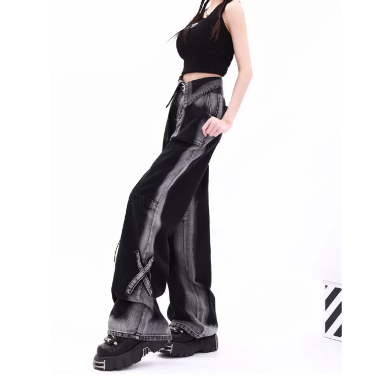High waist wide denim jeans D0149