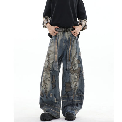 Random stitch wide denim jeans D0147
