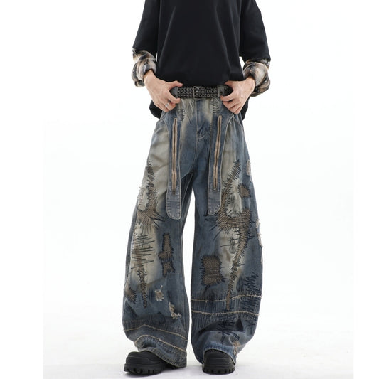 Random stitch wide denim jeans D0147