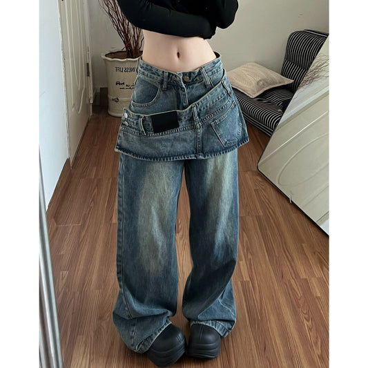 Fake layered denim jeans D0153