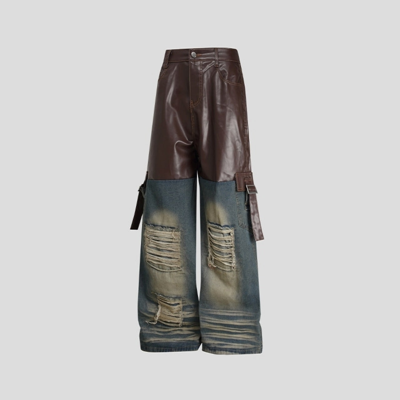 Leather & denim wide pants D0146