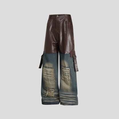 Leather & denim wide pants D0146