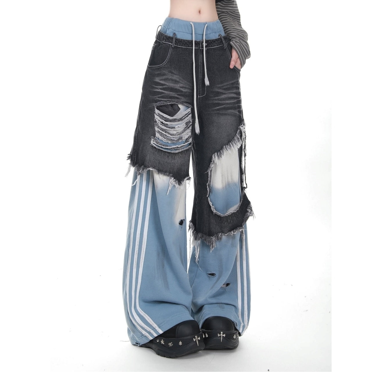 Layered style denim pants D0145