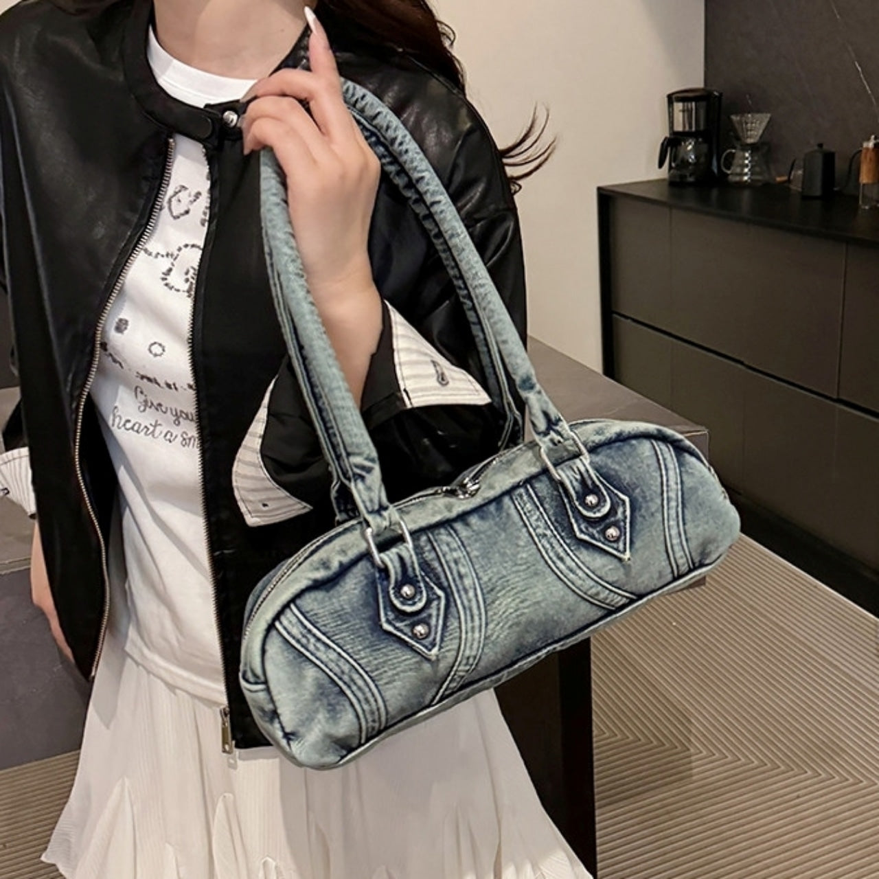 Double handle denim bag D0172